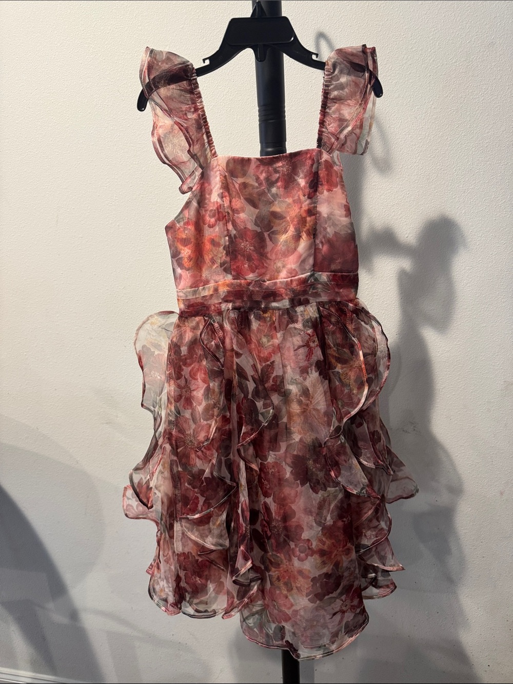 GB girls Floral Ruffled Organza Dress in Rose and Burgundy